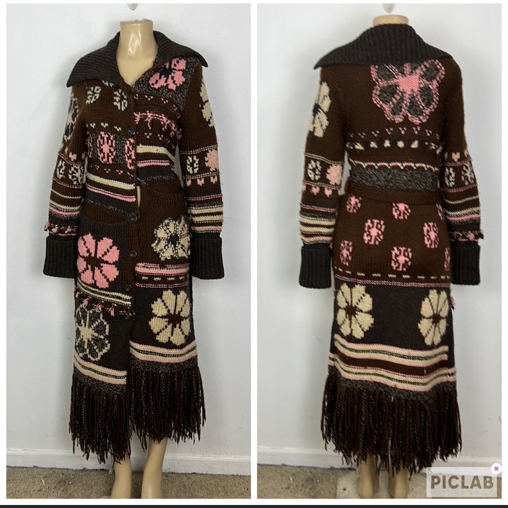 VINTAGE LUCKY BRAND BOTTOM DOWN BROWM WOOL KNIT BOHEMIAN MAXI CARDIGAN SIZE M